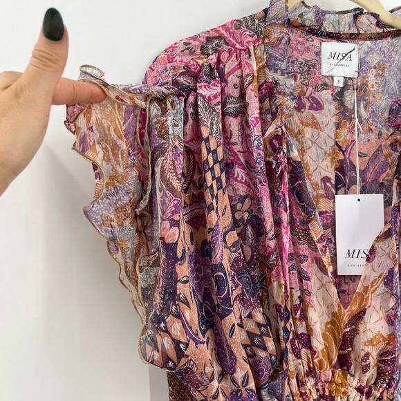 MISA Ilya Tiered Dress Short Flutter Sleeve Chiffon Augusta Batik Size Small NEW - Picture 8 of 13